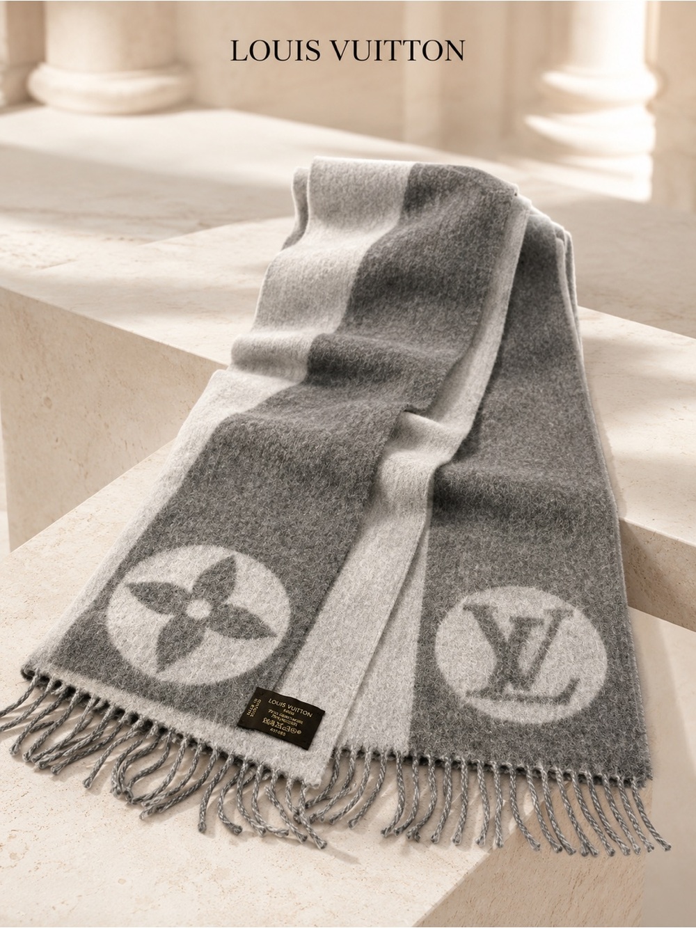 Louis Vuitton Echarpe Cardiff M74205 Gray Lambswool Angora Scarf